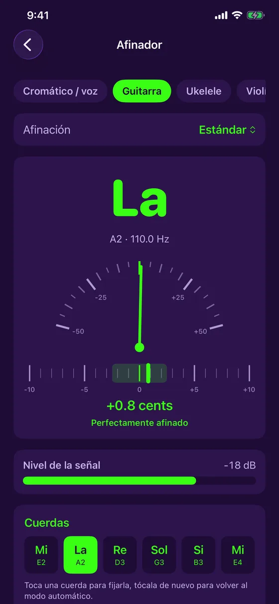 Afinador de guitarra con aguja y cents